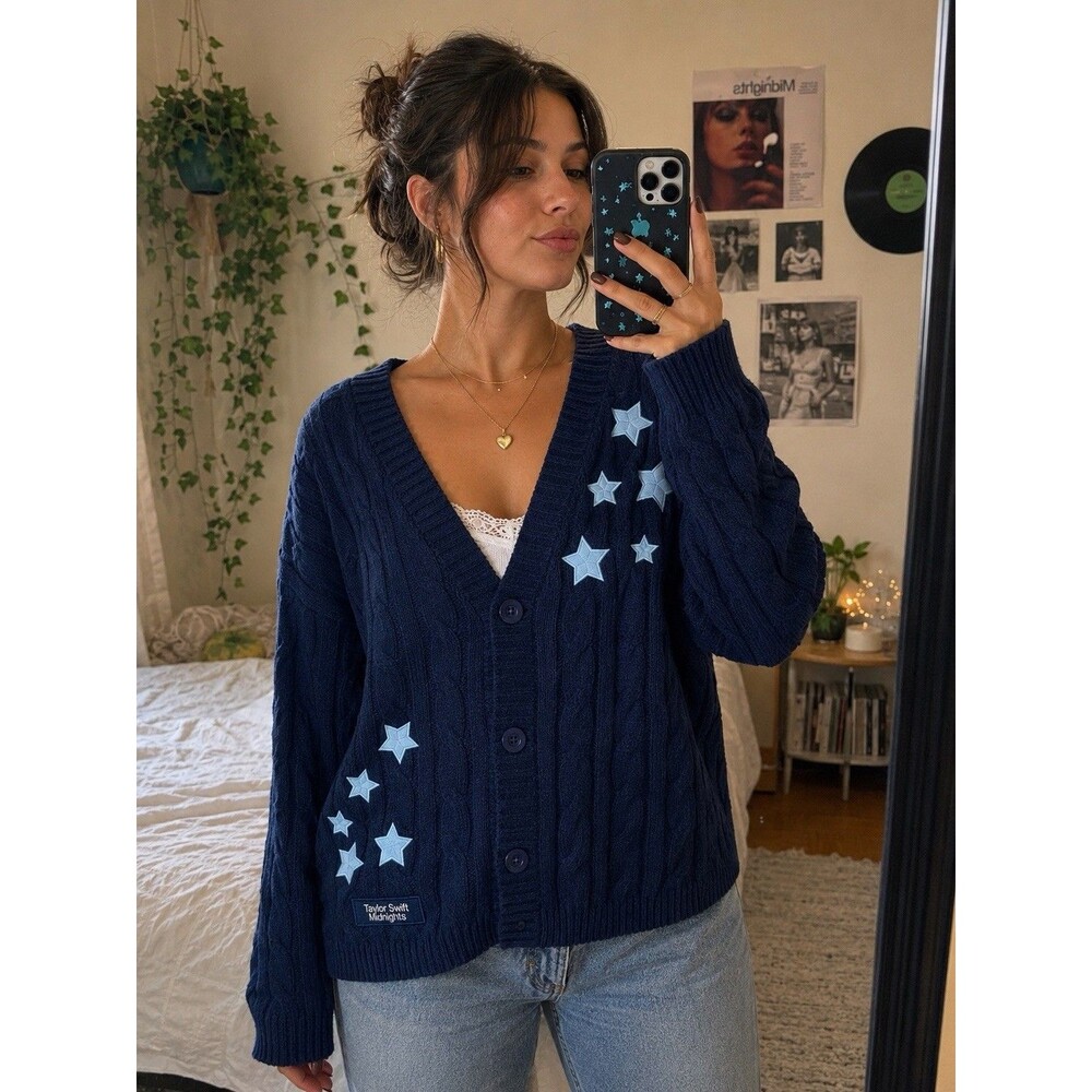 Taylor Swift Midnights Cardigan XL 2XL Navy Blue Cable Knit Stars Official Merch